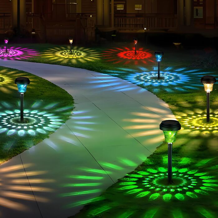 Сонячні садові ліхтарі, 8 шт. , з теплим світлом та 7 змінами кольорів RGB, водонепроникні IP65, автоматичне ввімкнення/вимкнення, світлодіодні садові доріжки для декорування саду на відкритому повітрі