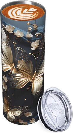 Кухоль з прямою трубочкою, 590 мл, золотистого кольору, білі метелики, чорний, з принтом, дорожній кухоль, підходить для кемпінгу, офісу та дому