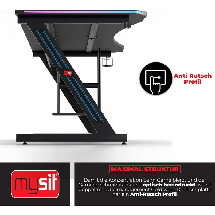 Ігровий стіл MY SIT Gizmo зі світлодіодним підсвічуванням, що змінює колір - Тримач для навушників, тримач для ПК та підсклянник - Потужне керування кабелями - Ігровий стіл/комп&39ютерний стіл чорного кольору