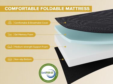 Складаний матрац Vamcheer, надзвичайно товстий гостьовий матрац - 15 см, 3-секційний складний гостьовий матрац з гелевої піни, для дорожнього ліжка, дорослих, кемпінгу, підлоги, гостьового ліжка (сірий, 90 x 200 x 15 см) 90x200x15