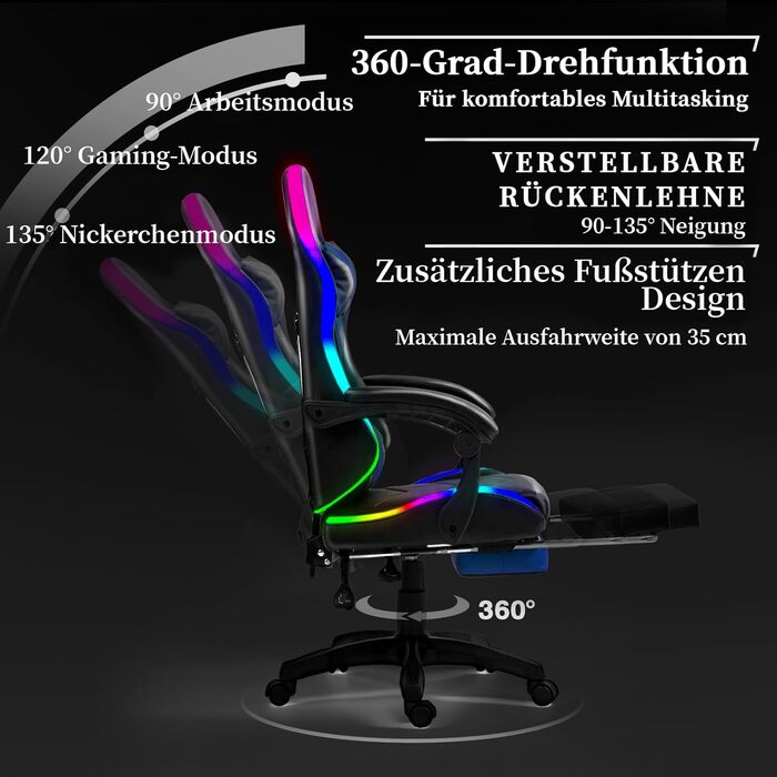 Ігрове крісло з RGB підсвічуванням, підставкою для ніг, ергономічною спинкою, подушкою для голови та масажем. Регульоване по висоті, для дорослих та дітей. Синій RGB-синій колір.