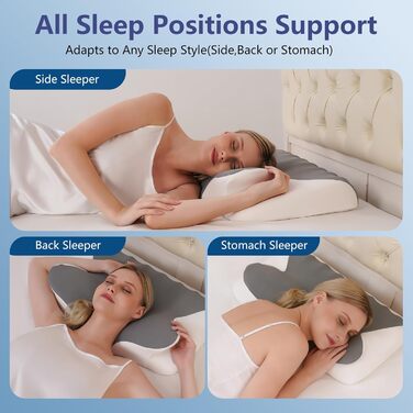 Подушка з піни з ефектом пам&39яті, подушка для шиї, подушка для голови, подушка для підтримки шиї та плечей, підходить для різних поз сну, розмір 60 x 41 x 9/12 см (світло-сірий)
