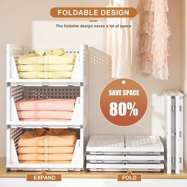 Органайзер для гардеробу, штабелюваний органайзер для одягу на 4 предмети, висувна складна система зберігання одягу для гардеробу, спальні, кухні та іграшок, білий, 4 шт., великий