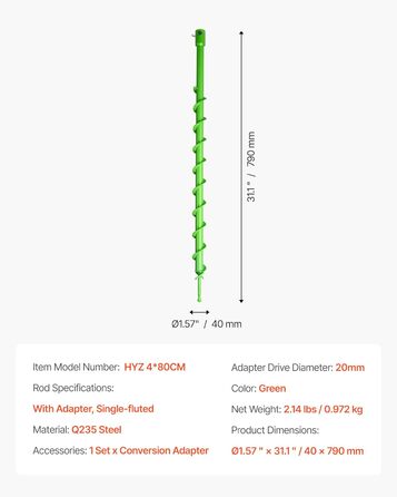 Бур для земляного буріння, діаметр 40x790 мм, садовий бур, сумісний з дрелями з внутрішнім діаметром 20 мм, бур для стовпів, бур для прокладання комунікацій, інструмент для копання для посадки та буріння