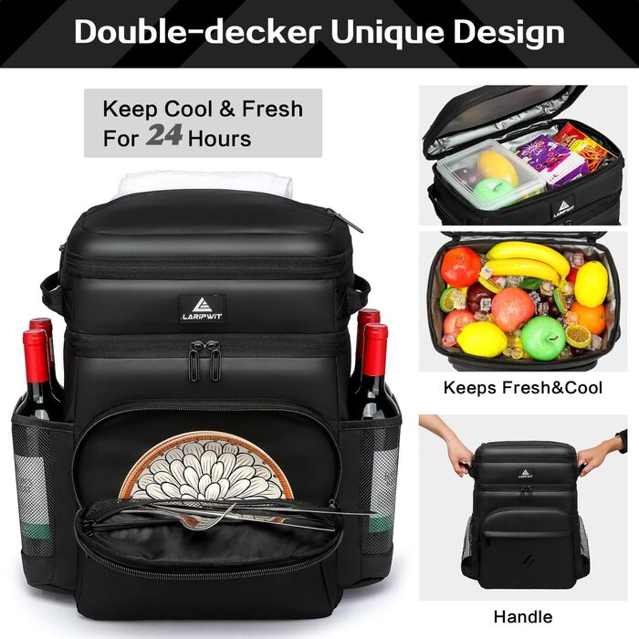Рюкзак-холодильник Laripwit, 54 банки, термосумка-холодильник, великий ізольований двоярусний рюкзак з охолоджувальним відділенням для чоловіків та жінок - ідеально підходить для пікніків, подорожей, кемпінгу, тактичного використання та пляжів, 33 л - чор