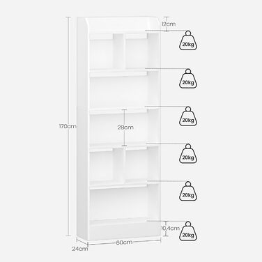 Книжкова полиця Hzuaneri, з 6 полицями, полиця для зберігання, окремостояча полиця, для вітальні, офісу, спальні, 24 x 60 x 170 см, білий BC11103 шт. Білий 24 x 60 x 170 см