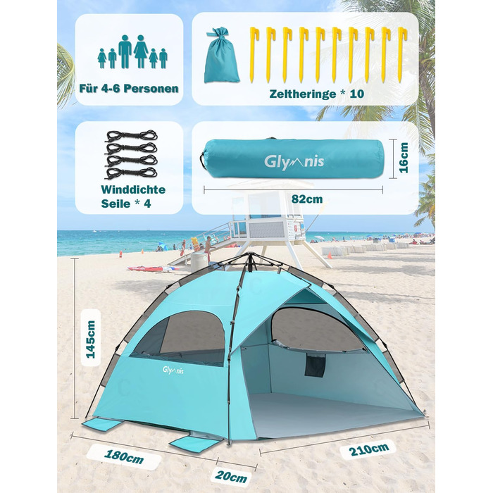 Пляжний намет Glymnis Quick Up, автоматичний пляжний намет, захист від ультрафіолету 50, вітрозахисний, невеликий розмір у упаковці, синій, пляжний намет для 4-6 осіб, синій зі срібним вінілом