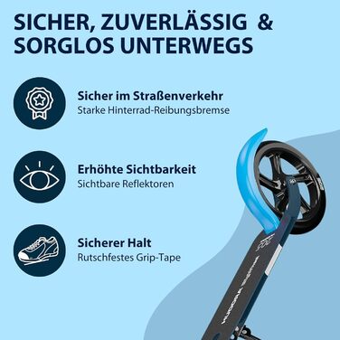 Самокат HUDORA BigWheel Pure стабільний алюмінієвий міський самокат із підніжкою, складаний, з регулюванням висоти, до 100 кг, для підлітків та дорослих, синій