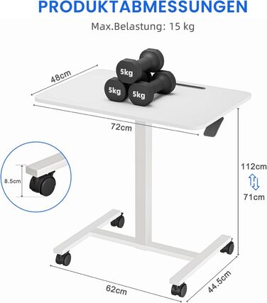 Комп&39ютерний стіл Dripex з регульованою висотою та коліщатками, невеликий стіл, мобільний стіл для роботи стоячи, тумбочка біля ліжка, бічний столик для вітальні, комп&39ютерний стіл для роботи сидячи та стоячи, білий, 48 x 72 x 112 см
