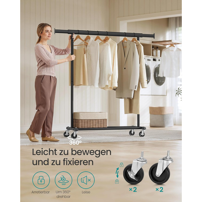 Вішалка для одягу на колесах, Міцна підставка для гардеробу, Розсувна вішалка для одягу, Вантажопідйомність до 100 кг, Легке складання, Портативна, Чорний HSR13BKV1 Чорний (92-132)Ш см
