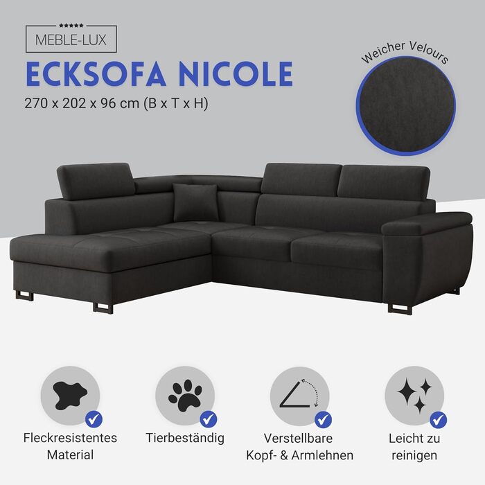 Кутовий диван з функцією сну та відділенням для зберігання речей Nicole 270x202x96 см (ШxГxВ) L-подібний диван з регульованими підголівниками Кутовий диван з функцією сну Пружинна основа Диван сірий лівий, шезлонг лівий сірий