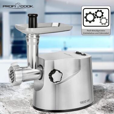Електрична м'ясорубка Profi Cook PC-FW 1172, 1800 Вт, для м'яса, ковбас та печива, 2 кг/хв, з насадками для ковбас, кеббе та 3 сталевими дисками, нержавіюча сталь, срібляста