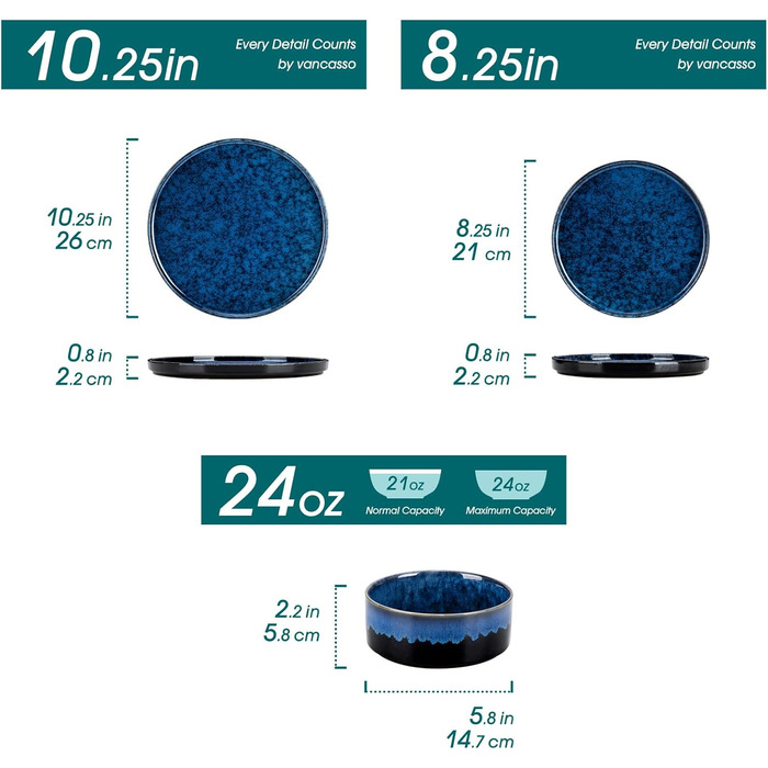Зіркоподібні тарілки та миски vancasso, 12 предметів, синій набір посуду для кухні, сучасний набір посуду з кам'яного посуду на 4