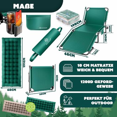 Складане кемпінгове ліжко KESSER, 190 x 68 x 30 см, вантажопідйомність до 250 кг, виготовлене з тканини Оксфорд та міцного сталевого каркасу сумка для перенесення, подушка для шиї, бічна кишеня та тримач для напоїв, ідеально підходить для кемпінгу, зелени