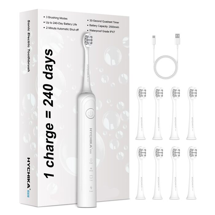 Електрична зубна щітка для дорослих з акумулятором до 240 днів роботи, 8 змінних насадок, акумуляторна, 3 режими чищення, таймер на 2 хвилини, водонепроникність IPX7, ідеальний подарунок для сім'ї, біла