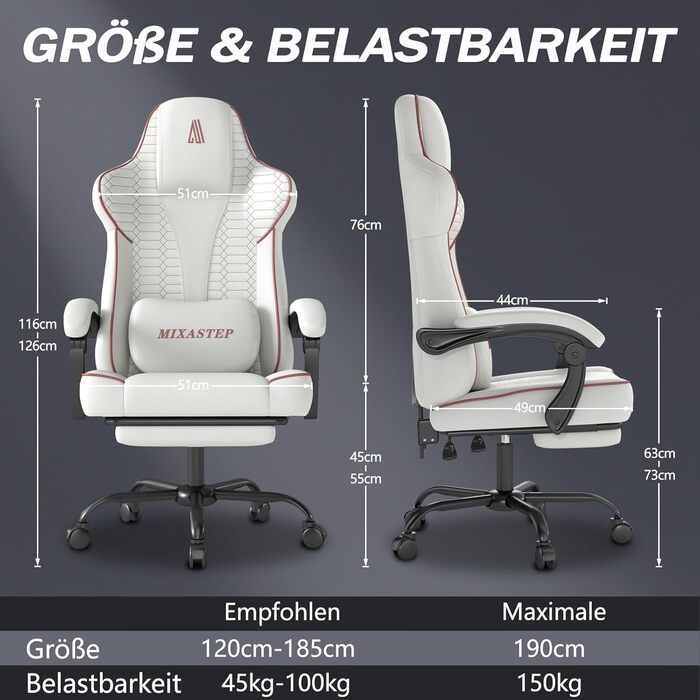 Ергономічне ігрове крісло, офісне крісло з підставкою для ніг, регульоване по висоті та гойдалкою, надзвичайно широке сидіння (51 см), ергономічна поперекова опора, вантажопідйомність до 150 кг