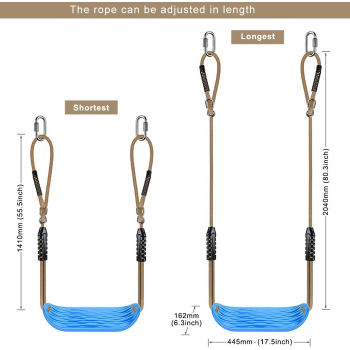 Сидіння гойдалки SELEWARE Garden Games з міцного набору з регульованою мотузкою довжиною 2,04 м і 2 карабінами, міцні гойдалки на