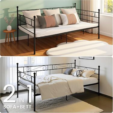 Каркас ліжка-кушетки 90x200 см, металевий, водонепроникний, підходить для сімей, гостей, молоді, самотніх людей та віталень, чорний, 90 x 200 см