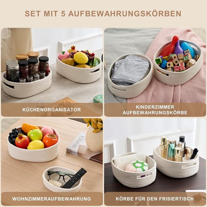 Кошик для зберігання Sagittar, набір із 7 предметів, виготовлений з бавовняної тканини ручного в&39язання, органайзер для одягу та іншого, плетений кошик з бавовняної мотузки для дитячої кімнати та вітальні, білий, 7 предметів
