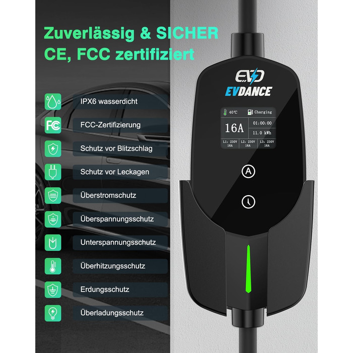 М 3-фазний 6-16A зарядний кабель типу 2 CEE 16A до типу 2 з регульованою потужністю зарядки для електромобіля чорний 11kW16A, 11kW