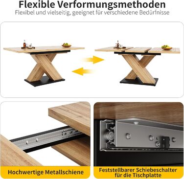 Розсувний дерев&39яний обідній стіл, кухонний стіл 120/160x80x75см, розсувний обідній стіл на 4-6 осіб, опора з алюмінієвого сплаву, розсувний обідній стіл (квадратний, дерево A) Деревина A квадратна