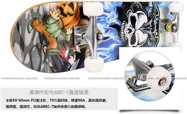 Круїзерний скейтборд з Double Kick - повний комплект для дітей, підлітків та дорослих, 7-шарова увігнута дека з канадського клена, 79 x 19.5 x 9.5 см, візерунок черепа