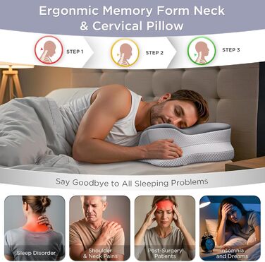 Ортопедична подушка, преміальна подушка для шиї, подушка для сну на боці, подушка для голови, подушка для підтримки шиї, подушка з піни з ефектом пам&39яті, подушка для сну на боці, спині та животі (сіра)