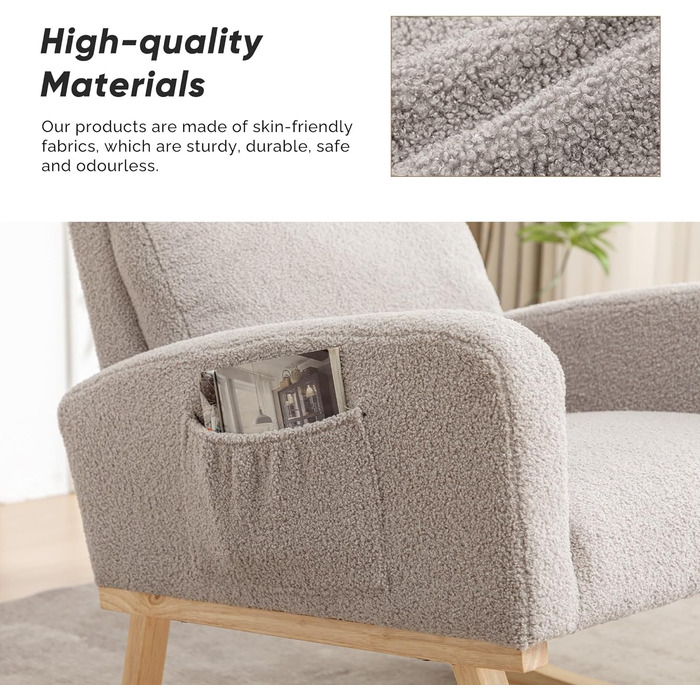 Крісло-гойдалка, крісло для годування, м&39яке крісло для годування з дерев&39яними ніжками та боковими кишенями, крісло-гойдалка з високою спинкою для годування грудьми у вітальні, спальні та дитячій кімнаті (світло-сірий ведмедик)