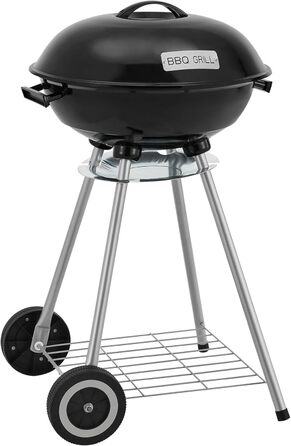 Гриль-барбекю Apricena на вугіллі, круглий, з візком, решітка з емальованої нержавіючої сталі, садовий гриль, 2 колеса, знімний кришка, 80 x 49 x 47 см, чорний