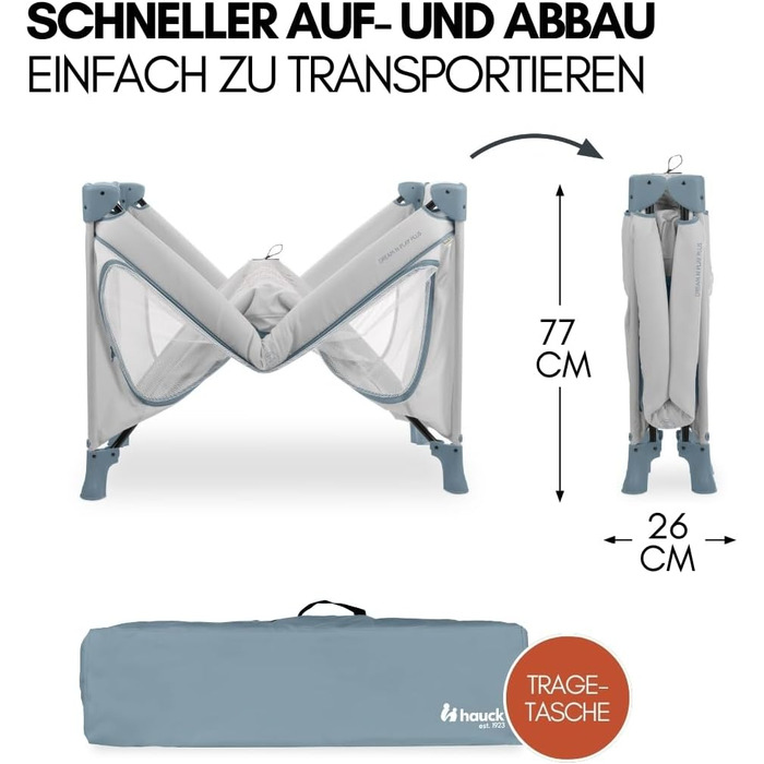 Дитяче ліжечко Hauck Dream n Play Plus з матрацом та москітною сіткою - Складане дитяче ліжечко з сумкою та великим входом - Пильно-блакитний