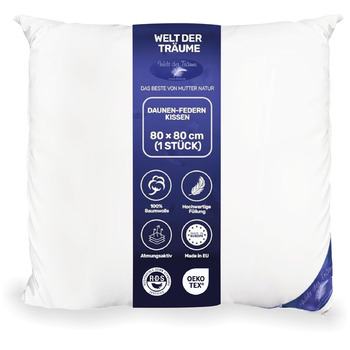 Пухова подушка Світ мрій з 1 пухом 3-камерна подушка Трикамерна подушка 80x80 см Вага наповнювача 1400 грамів Чохол 100 бавовна Пухова подушка Не вищипує живих істот Білий