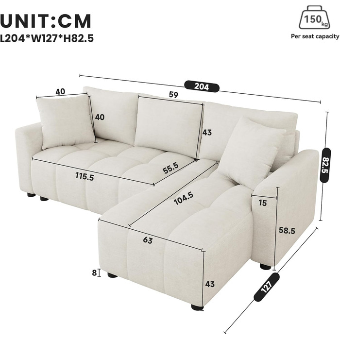 Місний диван BTM, розкладний L-подібний кутовий диван з 2 шениловими подушками, шезлонг, L-подібний диван для вітальні, бежевий S4beige, 3-