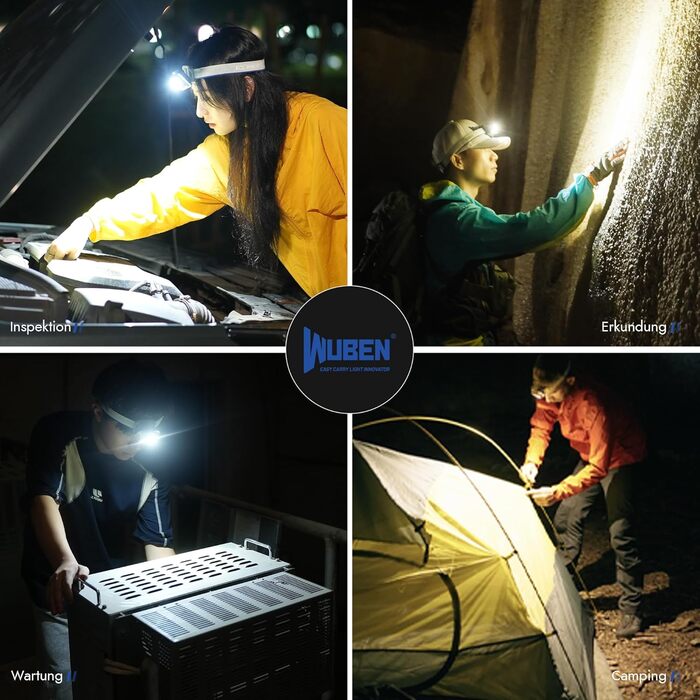 Світлодіодний акумуляторний налобний ліхтарик WUBEN H4, налобний ліхтарик 800 люмен, водонепроникний налобний ліхтарик IP68 з датчиком руху, ліхтарик-налобний ліхтарик з 10 режимами, включаючи червоне світло, для кемпінгу, риболовлі та піших прогулянок, а