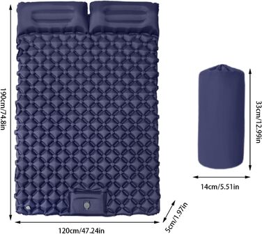 Килимок для кемпінгу, надувний матрац з подушкою, надувний килимок для сну, 180 x 120 x 5 см, ідеально підходить для піших прогулянок, подорожей на природі, кемпінгу на автомобілі, трекінгу та пригод у дикій природі, темно-синій