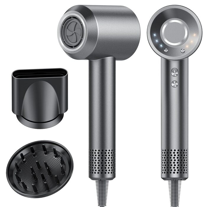 Професійний фен для волосся Haartrockner 2026 з іонізацією, 160 000 об/хв, швидке сушіння, 200 мільйонів негативних іонів, тихий (59 дБ) з термоконтролем та дифузором, темно-сірий колір