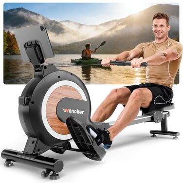 Гребний тренажер Wenoker, магнітний гребний тренажер для домашнього використання, покращений, тихий опір з 16 рівнями та інтелектуальною електронною поворотною ручкою, максимальна вага користувача 160 кг, підключення до додатку, чорний