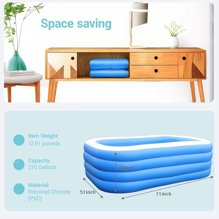 Надувний басейн GooMood, 180,3 x 129,5 x 71,1 см, Дитячий сімейний басейн для літніх водних вечірок, Надувний дитячий м&39яч/пісочниця GooMood без бісфенолу А, для зовнішнього використання, 71 дюйм x 51 дюйм x 28 дюймів