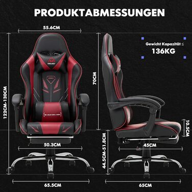 Ігрове крісло COLAMY, комп&39ютерне крісло з підставкою для ніг та поперековою опорою, регульоване по висоті ігрове крісло з поворотним на 360 сидінням та підголівником, крісло для відеогеймерів, ергономічна висока спинка, червоне сучасне