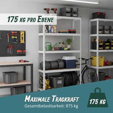 Міцний стелаж Relaxdays, ВxШxГ 180x60x30 см, 875 кг, 5 полиць, полиця для зберігання в підвалі та гаражі, вставного типу, білий/коричневий