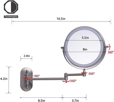 Дзеркало для макіяжу TUSHENGTU з підсвічуванням, косметичне дзеркало 20,32 см настінне для дзеркала у ванній кімнаті з 10-кратним збільшенням, світлодіодне акумуляторне (нікель, 10X) Нікель 32L x 44B см