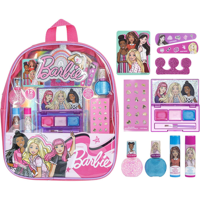 Набір рюкзака Барбі, наповнений макіяжем, включаючи бальзам для губ, лак для нігтів, пилочку для нігтів, банти для волосся та інші аксесуари. Для дітей віком від 3 років, підходить для вечірок, ночівель та перевтілень. Від Townley Girl Barbie Pink.