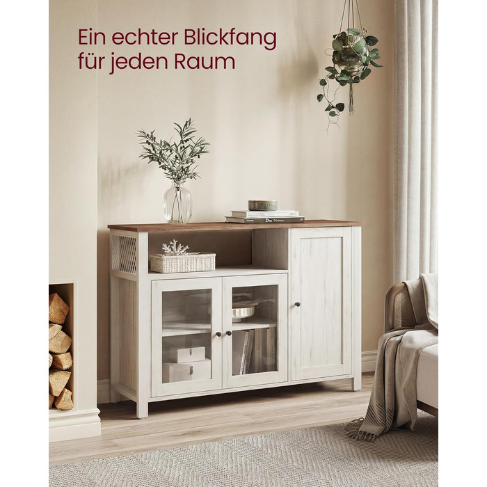 Сервант, Кухонна шафа, Шафа для зберігання, з 3 дверцятами, для вітальні, кухні, їдальні, 33 x 110 x 75 см, Сільський стиль, Медово-коричневий - Вінтажний білий LSC096WJ02 Медово-коричневий Вінтажний білий