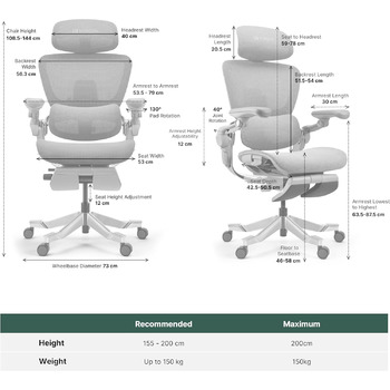 Ергономічне офісне крісло HINOMI H2 Pro з поперековою опорою, регульованим підголівником та підлокітниками, вантажопідйомність 150 кг, дихаюча сітка, обертове крісло для дому та офісу, ергономічне робоче крісло (чорне)