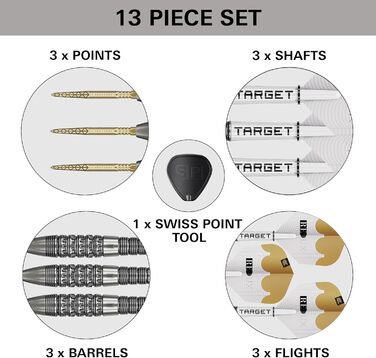 Набір дротиків Target Darts Redux 90 вольфраму зі швейцарським наконечником зі сталевим наконечником (ствол 01/02/03), 22G/23G/24G/25G/26G Pro Ultra 6 дерга та древки Pro Grip, золоті наконечники DX та наконечники SP, включно зі стволом 22G