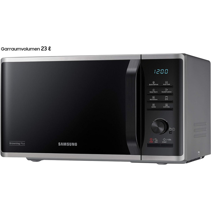 Мікрохвильова піч Samsung MG2AK3515AS/EG з грилем, 800 Вт, 23 л місце для приготування їжі, ширина 48,9 см, швидке розморожування, 27 автоматичних програм, срібло