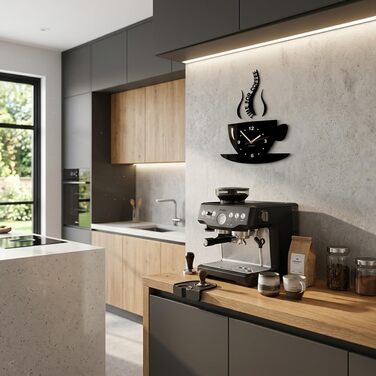 Настінний годинник FLEXISTYLE Tasse Zeit fr Kaffee для сучасної кухні, чорний, 3D римські цифри, декор, 32 x 19 см