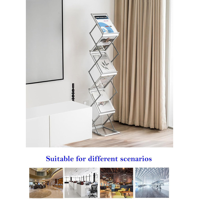 Складана підставка для брошур TUKA-i-AKUT з 6 відділеннями, формат A4, виготовлена з алюмінію/акрилу, включає сумку для перенесення, підставку для літератури, підставку для брошур на підлогу, підставку для журналів, тримач для каталогів, складаний дисплей