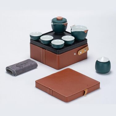 Набір для чаювання в стилі гунфу, преміальна кераміка, портативне зберігання, дорожній набір для чаю. Темно-зелений керамічний чайник з чашками та скринькою для чаю для подорожей, дому та офісу