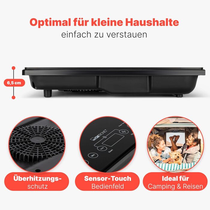 Індукційна плита Clatronic Конфорка з індукційним нагріванням за лічені секунди Плита з технологією ECO-Save для 55 економії часу Індукційна варильна поверхня з автоматичним визначенням горщика EKI 3569