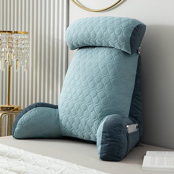 Подушка для читання для дорослих (Д x В) 75 x 55 см подушка для поперекової підтримки зі знімним валиком для шиї, підлокітником та кишенями, для ліжка, офісного крісла та дивана, ідеально підходить для читання, ігор, перегляду телевізора (світло-блакитна)